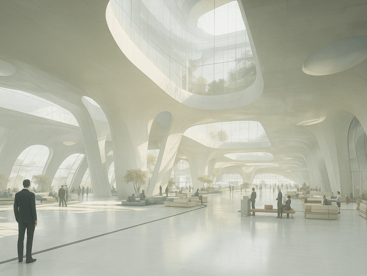 A spacious, futuristic atrium with smooth, curved architecture and large, organic support columns. Natural light filters through expansive skylights, illuminating the pale interior. People are walking or sitting on minimalist benches and lounge chairs. Trees and plants are scattered throughout, adding greenery to the sleek, modern environment. The space feels open, airy, and calm.